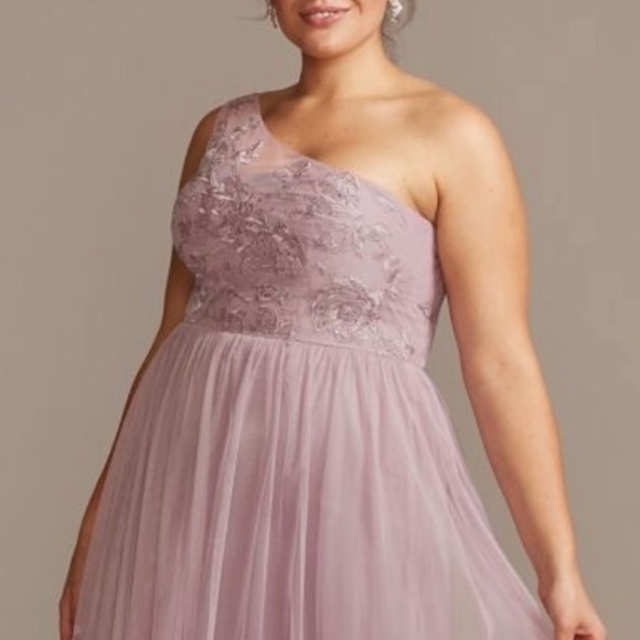 David bridal one shoulder embroidered soft net dress - Picture 1 of 14